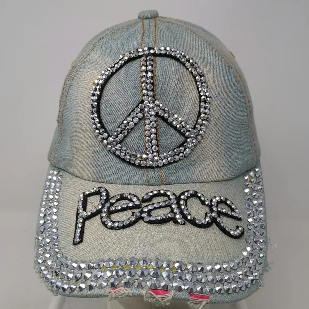 Baseball Cap Blue One Size Studded Rhinestone Peace Sign Denim Slideback Hat